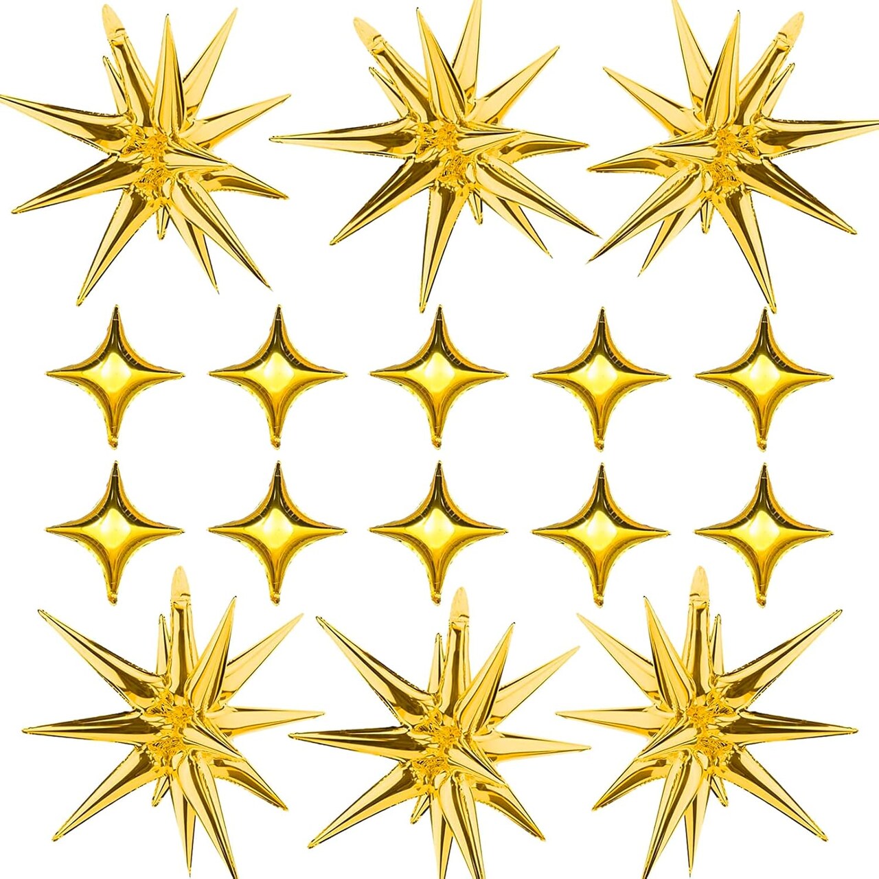 Gold Star Foil Balloons Kit – 6 Starburst + 10 Four-Point Balloons for Party